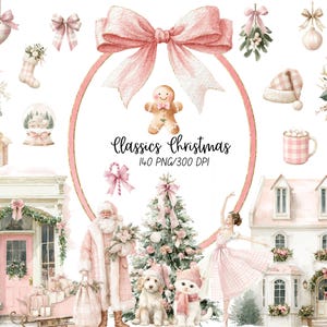 Könnte beinhalten: Eine Sammlung von Aquarell-Weihnachtsillustrationen mit einer großen rosa Schleife, einem Lebkuchenmann, dem Weihnachtsmann, einem geschmückten Baum, einer Ballerina, einem Hund, einer Katze, einem Haus, einem Laden, Weihnachtssternen und dem Text Classics Christmas 140 PNG/300 DPI.