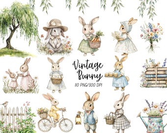 Cottagecore Spring Bunny Clipart – Vintage Watercolor Easter Graphics – Wildflower PNG Set