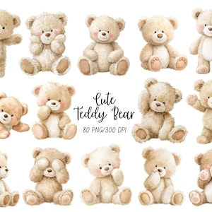 May include: A collection of fourteen light brown teddy bear illustrations in various poses, including sitting, standing, and waving. The text in the centre reads Cute Teddy Bear 80 PNG/300 DPI. Each bear features a light cream belly and pink cheeks.