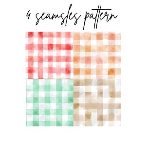 May include: Four watercolor gingham patterns in red, orange, green, and tan. The patterns are arranged in a square grid, each with a unique color scheme. The text "4 seamless pattern" is written in cursive at the top.