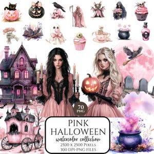 Halloween Clipart, Watercolor Pink Halloween Clipart, Spooky Halloween Clip Art, Soft Cozy Halloween PNG Bundle, Commercial Use