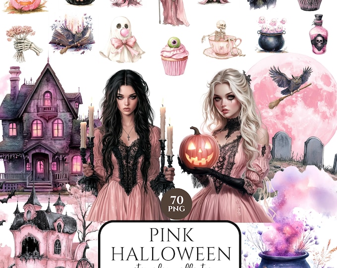 Pink Halloween Watercolor Clipart Bundle | 93 PNG Files | Cats ...
