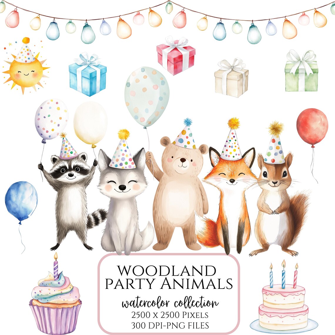Cute Birthday Party Clipart, Woodland Animal Celebration PNG ...