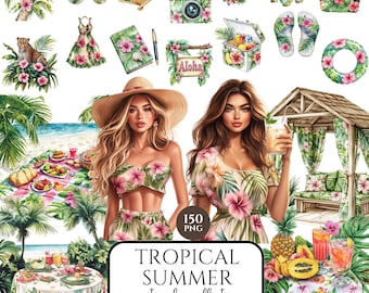 Aquarell Sommer Tropisch Clipart, Strandurlaub PNG, Tropische Natur & Reisen, Strandmädchen, Scrapbooking, kommerzielle Nutzung