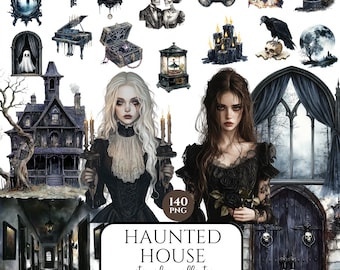 Watercolor Haunted House Halloween Clipart, Spooky Creepy Gothic Clip Art PNG, Haunted House Graphics, Ghosts, Mystery, Digital Download