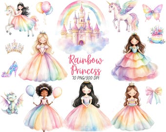 Clipart de acuarela de princesa arcoíris, clipart de hadas, hada PNG, unicornio arcoíris PNG, clipart de cumpleaños de princesa, clipart de unicornio, princesa PNG