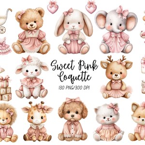 Può includere: Una collezione di illustrazioni ad acquerello con adorabili animali bebè in abiti e fiocchi rosa. Include un orsacchiotto, un coniglietto, un elefante, un agnello, un cervo, un leone, una giraffa, un cane, un gatto e una volpe. È incluso anche il testo "Sweet Pink Coquette".
