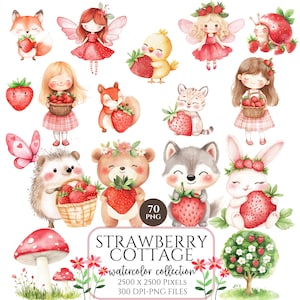 Erdbeere Clipart, Waldtiere PNG, Beere ersten Geburtstag Thema, niedlichen Wald Kinderzimmer Dekor, Babyparty PNG, Erdbeer Party Set