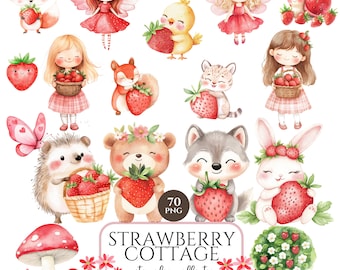 Strawberry Clipart, Woodland Animals PNG, Berry First Birthday Theme, Cute Woodland Nursery Decor, Baby Shower PNG, Strawberry Party Set