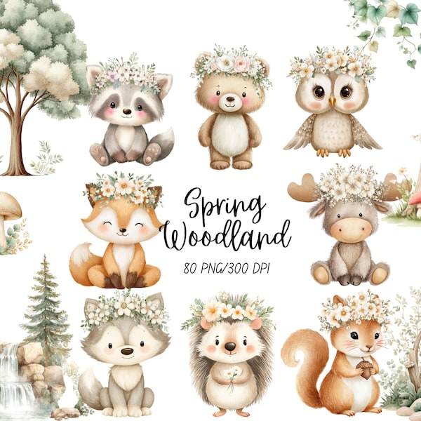 Clipart acquerello di animali del bosco boho: vivaio floreale beige (download digitale)