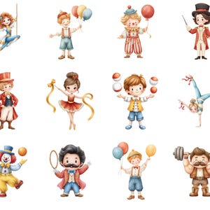 May include: Watercolor illustrations of circus performers, including a trapeze artist, a clown, a magician, a juggler, and a strongman. The illustrations feature bright colors and detailed costumes, perfect for children's decor or party supplies.