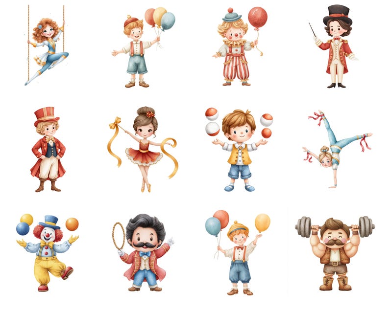 May include: Watercolor illustrations of circus performers, including a trapeze artist, a clown, a magician, a juggler, and a strongman. The illustrations feature bright colors and detailed costumes, perfect for children's decor or party supplies.