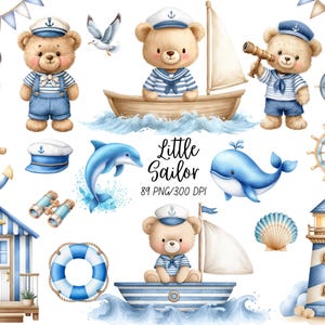 Nautisk nallebjörn Clipart PNG, Baby Boy Ocean Björnar, Sjömansbjörn Barnrumspaket, Söt Blå Nalle Hav Clipart, Baby Clipart Set