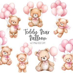 Puede incluir: Ilustraciones de acuarela de osos de peluche sosteniendo globos rosas. Los osos tienen lazos rosas y están en varias poses. El texto "Teddy Bear Balloon" está escrito en escritura negra. Fondo blanco.