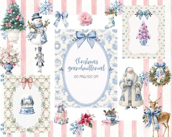 Op de afbeelding: Een digitale collectie kerstillustraties met een sneeuwpop, de Kerstman, een rendier, een notenkraker, bloemstukken, geschenkdozen en sneeuwvlokken in blauw- en wittinten met de tekst Christmas grandmillenial 100 PNG/300 DPI.