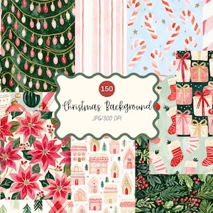 May include: A collection of 150 digital Christmas backgrounds featuring festive patterns including ornaments, string lights, candy canes, gift boxes, poinsettias, gingerbread houses, and stockings in red, green, pink, and white color palettes.