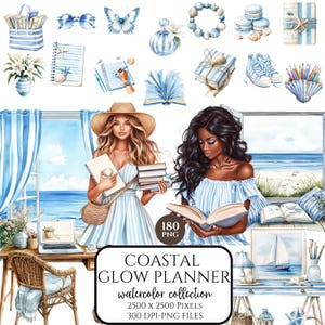 Summer Beach Clipart, Coastal Planner Girl PNG, Ocean Art, African American Woman, Crafting, Digital Download, Summer Clip Art Set