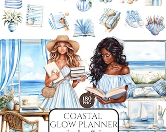 Summer Beach Clipart, Coastal Planner Girl PNG, Ocean Art, African American Woman, Crafting, Digital Download, Summer Clip Art Set