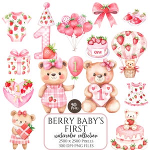 Beere erster Geburtstag PNG, Erdbeere Clipart-Set, Beere Süße Babyparty, Erdbeer Mädchen, Erdbeere Shortcake Thema, 40 transparente PNGs