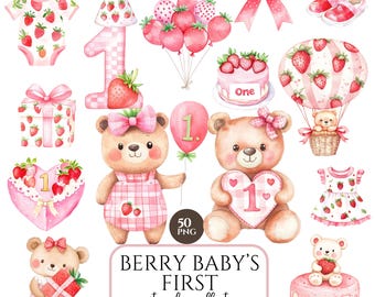 PNG con il primo compleanno di Berry, set di clipart di fragole, baby shower con Berry Sweet, ragazza fragola, tema di Fragolina Dolcecuore, 40 PNG trasparenti