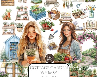 Cottage Garden Clipart, Watercolor Spring Summer Garden, Floral PNG, Springtime Scenes, Digital Stickers, Scrapbooking, Commercial Use