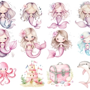 Puede incluir: Un conjunto de diez ilustraciones de acuarela que representan sirenas, un pulpo, un castillo de arena, un cofre del tesoro y un delf&iacute;n. Las sirenas llevan todas conchas y tienen el pelo largo y suelto. El pulpo es rosa y tiene ocho tent&aacute;culos. El castillo de arena es marr&oacute;n y tiene una bandera en la cima. El cofre del tesoro es rosa y tiene una cerradura dorada. El delf&iacute;n es azul y est&aacute; saltando fuera del agua.