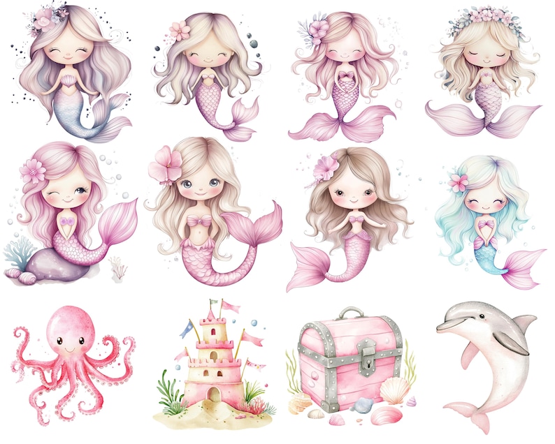 Puede incluir: Un conjunto de diez ilustraciones de acuarela que representan sirenas, un pulpo, un castillo de arena, un cofre del tesoro y un delf&iacute;n. Las sirenas llevan todas conchas y tienen el pelo largo y suelto. El pulpo es rosa y tiene ocho tent&aacute;culos. El castillo de arena es marr&oacute;n y tiene una bandera en la cima. El cofre del tesoro es rosa y tiene una cerradura dorada. El delf&iacute;n es azul y est&aacute; saltando fuera del agua.