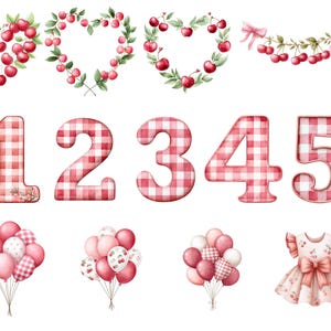 Puede incluir: Ilustraciones en acuarela con cerezas y patrones de cuadros vichy. Incluye coronas de coraz&oacute;n de cerezas, una guirnalda, los n&uacute;meros 1-5, globos y un vestido. La paleta de colores es principalmente roja, rosa y blanca, con acentos verdes.