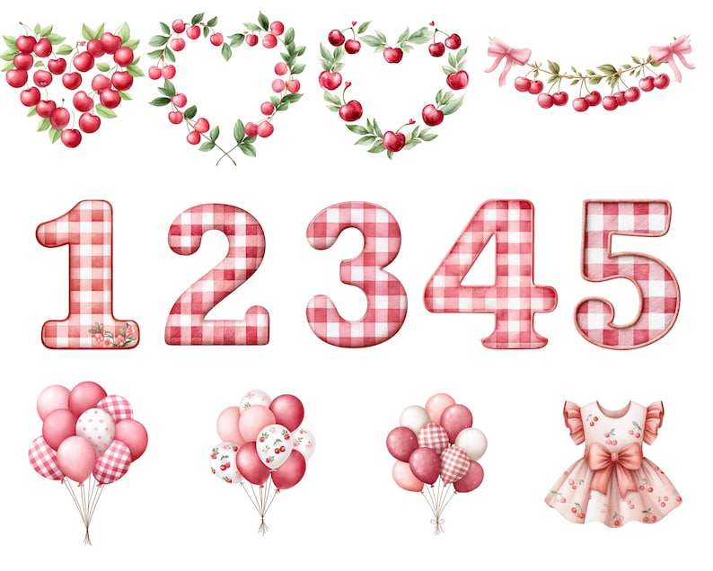 Puede incluir: Ilustraciones en acuarela con cerezas y patrones de cuadros vichy. Incluye coronas de coraz&oacute;n de cerezas, una guirnalda, los n&uacute;meros 1-5, globos y un vestido. La paleta de colores es principalmente roja, rosa y blanca, con acentos verdes.