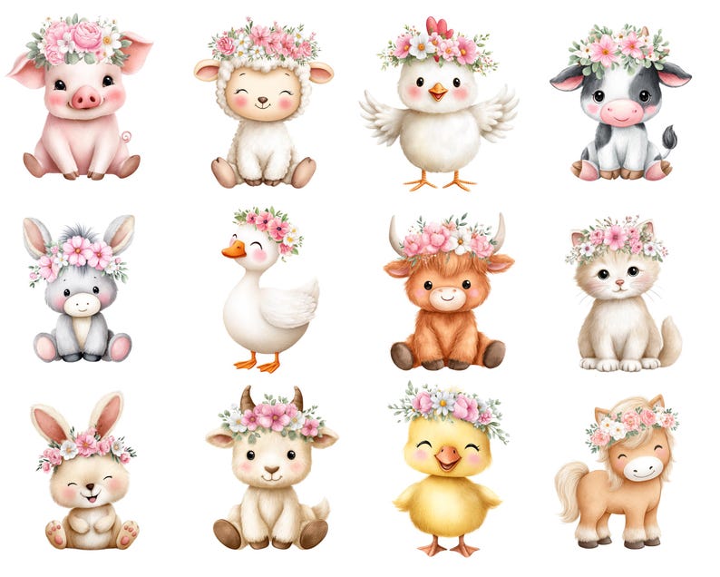 Pink Farm Clipart, Cute Farm Animals PNG, Barnyard Baby Shower, Digital ...