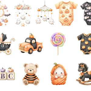 May include: A collection of watercolor illustrations featuring Halloween-themed baby items including mobiles with ghosts, pumpkins, and bats, two baby bodysuits with pumpkin and bat prints, a vintage carriage, a truck, a lollipop, blocks, a bear, and a horse.