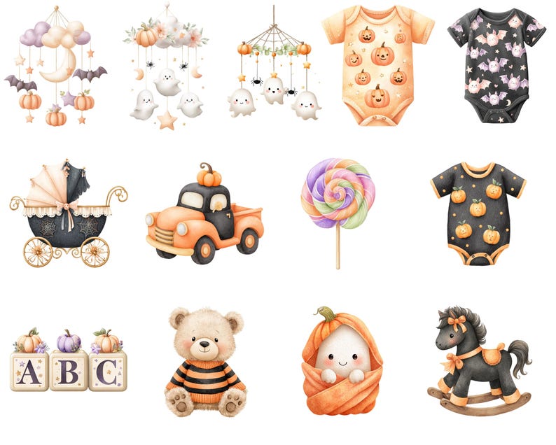 May include: A collection of watercolor illustrations featuring Halloween-themed baby items including mobiles with ghosts, pumpkins, and bats, two baby bodysuits with pumpkin and bat prints, a vintage carriage, a truck, a lollipop, blocks, a bear, and a horse.