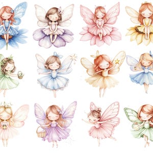 May include: Watercolor illustrations of fairies with delicate wings and dresses. Each fairy is depicted with closed eyes, surrounded by flowers or holding objects like a star, basket, or lantern. The color palette includes soft pastels such as pink, blue, and yellow.