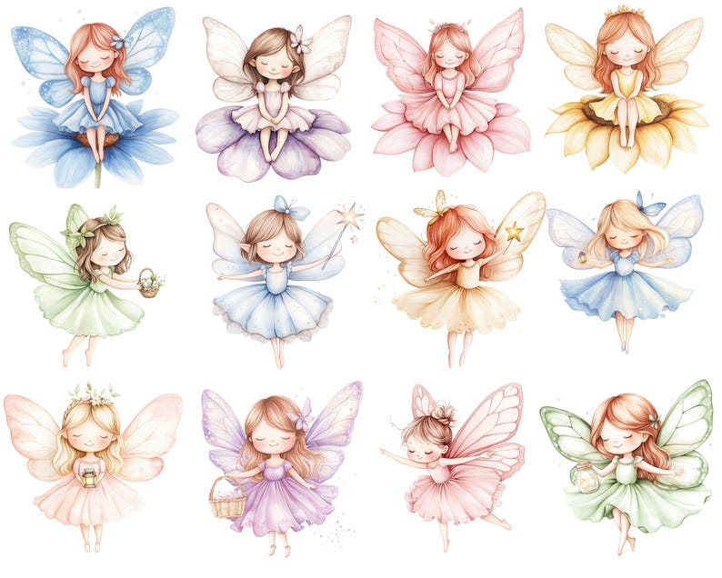 May include: Watercolor illustrations of fairies with delicate wings and dresses. Each fairy is depicted with closed eyes, surrounded by flowers or holding objects like a star, basket, or lantern. The color palette includes soft pastels such as pink, blue, and yellow.