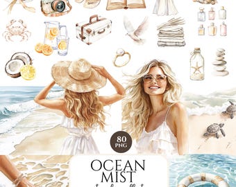 Ocean Mist Clipart Bundle, Neutral Beach Aesthetic, Watercolor Summer Fashion, Coastal Vacation PNG, Digital Download, Commercial Use