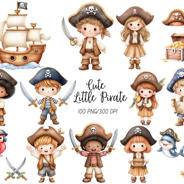 Niedliche Piraten Clipart, Aquarell, PNG Piraten, Piraten Kinder, Ocean Clipart, Kinderzimmer Dekoration, Geburtstag Clipart, kommerzielle Nutzung