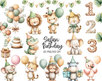 Safari Birthday Party Clipart, Wild One, Cute Boho Jungle Animals PNG, Watercolor Baby Shower Decor, Tropical, Digital Download Art