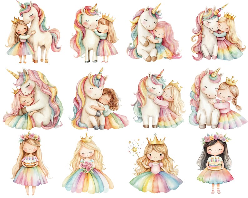 Unicorn and Princess Clipart, Watercolor Pink Princess Clipart, Rainbow ...