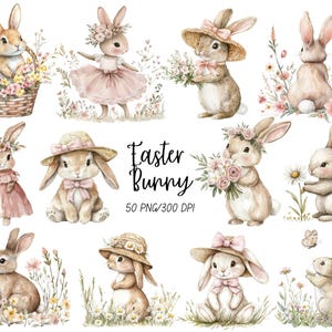 May include: Watercolor illustrations of Easter bunnies in various poses. Some bunnies wear hats, dresses, and flower crowns. One bunny is in a basket of flowers. The text "Easter Bunny" is displayed in a decorative font.