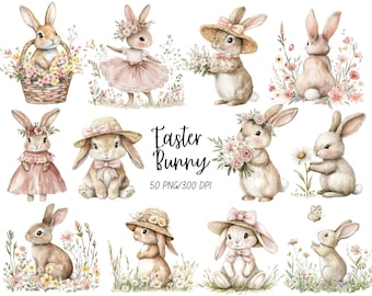 Watercolor Easter Bunnies Clipart, Bunny Girl PNG, Pink Bunnies Clipart, Spring Floral Clipart, Nursery Clip Art, Easter Digital Download