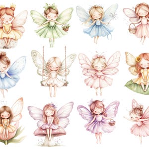 May include: Watercolor illustrations of fairies with delicate wings and dresses in various pastel colors. Each fairy has a unique pose, some holding flowers or baskets, others on swings or leaves. The overall theme is whimsical and enchanting.