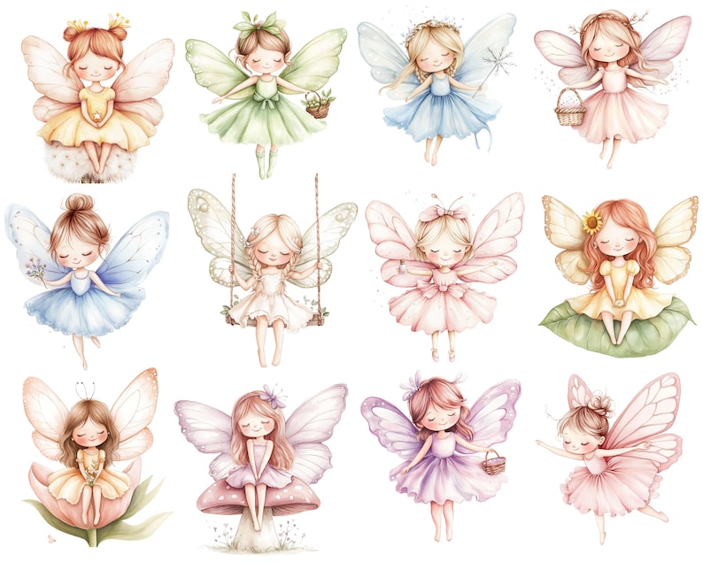 May include: Watercolor illustrations of fairies with delicate wings and dresses in various pastel colors. Each fairy has a unique pose, some holding flowers or baskets, others on swings or leaves. The overall theme is whimsical and enchanting.