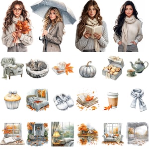May include: Watercolor illustrations of autumn-themed items and people. The images include women, a pumpkin, a cat in a bed, a cupcake, a bed, slippers, a book, a coffee cup, a scarf, and more. The color palette is dominated by warm tones.