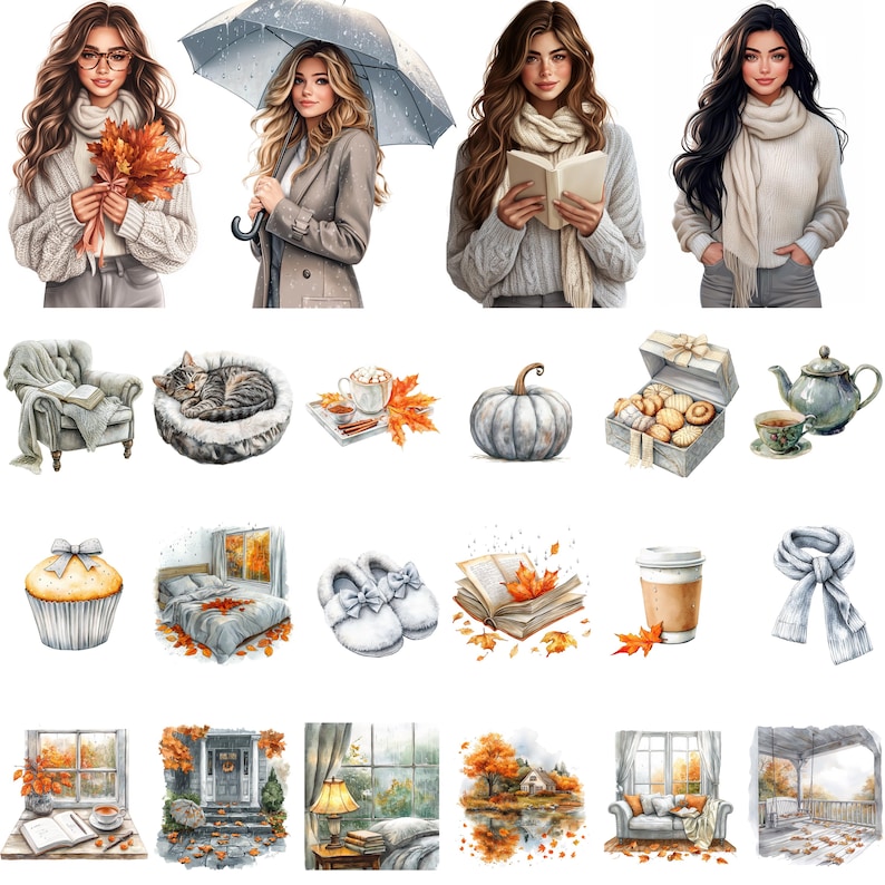 May include: Watercolor illustrations of autumn-themed items and people. The images include women, a pumpkin, a cat in a bed, a cupcake, a bed, slippers, a book, a coffee cup, a scarf, and more. The color palette is dominated by warm tones.