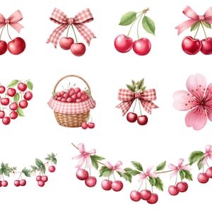 Puede incluir: Ilustraciones de acuarela de cerezas y elementos florales. La imagen presenta cerezas con lazos rosas, una disposici&oacute;n en forma de coraz&oacute;n de cerezas y una cesta llena de cerezas. Tambi&eacute;n se incluye una flor rosa y una guirnalda de cerezas.