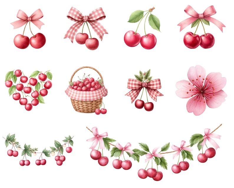 Puede incluir: Ilustraciones de acuarela de cerezas y elementos florales. La imagen presenta cerezas con lazos rosas, una disposici&oacute;n en forma de coraz&oacute;n de cerezas y una cesta llena de cerezas. Tambi&eacute;n se incluye una flor rosa y una guirnalda de cerezas.