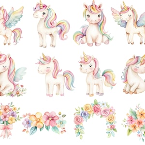 May include: Watercolour illustrations of unicorns with rainbow manes and tails, some with wings. The unicorns are in various poses, including standing, sitting, and flying. Also included are watercolour floral arrangements in pastel colours.