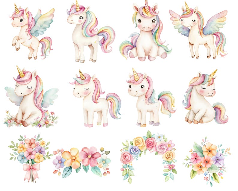 May include: Watercolour illustrations of unicorns with rainbow manes and tails, some with wings. The unicorns are in various poses, including standing, sitting, and flying. Also included are watercolour floral arrangements in pastel colours.