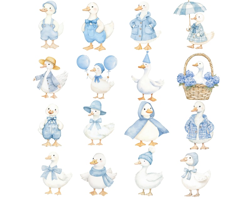 Op de afbeelding: Waterverfillustraties van witte eenden in diverse blauwe outfits. De eenden dragen hoeden, jassen, overalls en houden ballonnen en paraplu's vast. Sommige eenden zitten in een mand met blauwe bloemen.