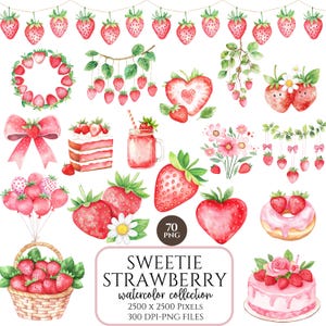 Clipart fraise, ensemble PNG aquarelle, thème du premier anniversaire, clipart baby shower, dessert aux fraises et ballon, décoration de chambre d'enfant